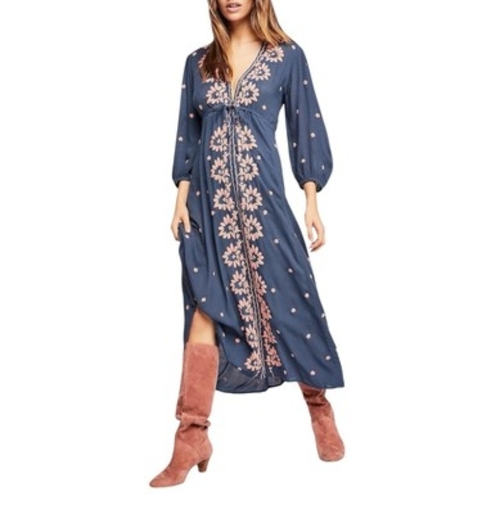 Free People Women's Blue Pink Embroidered Boho Maxi Dress XS V-Neck NWT $168 - Picture 3 of 11